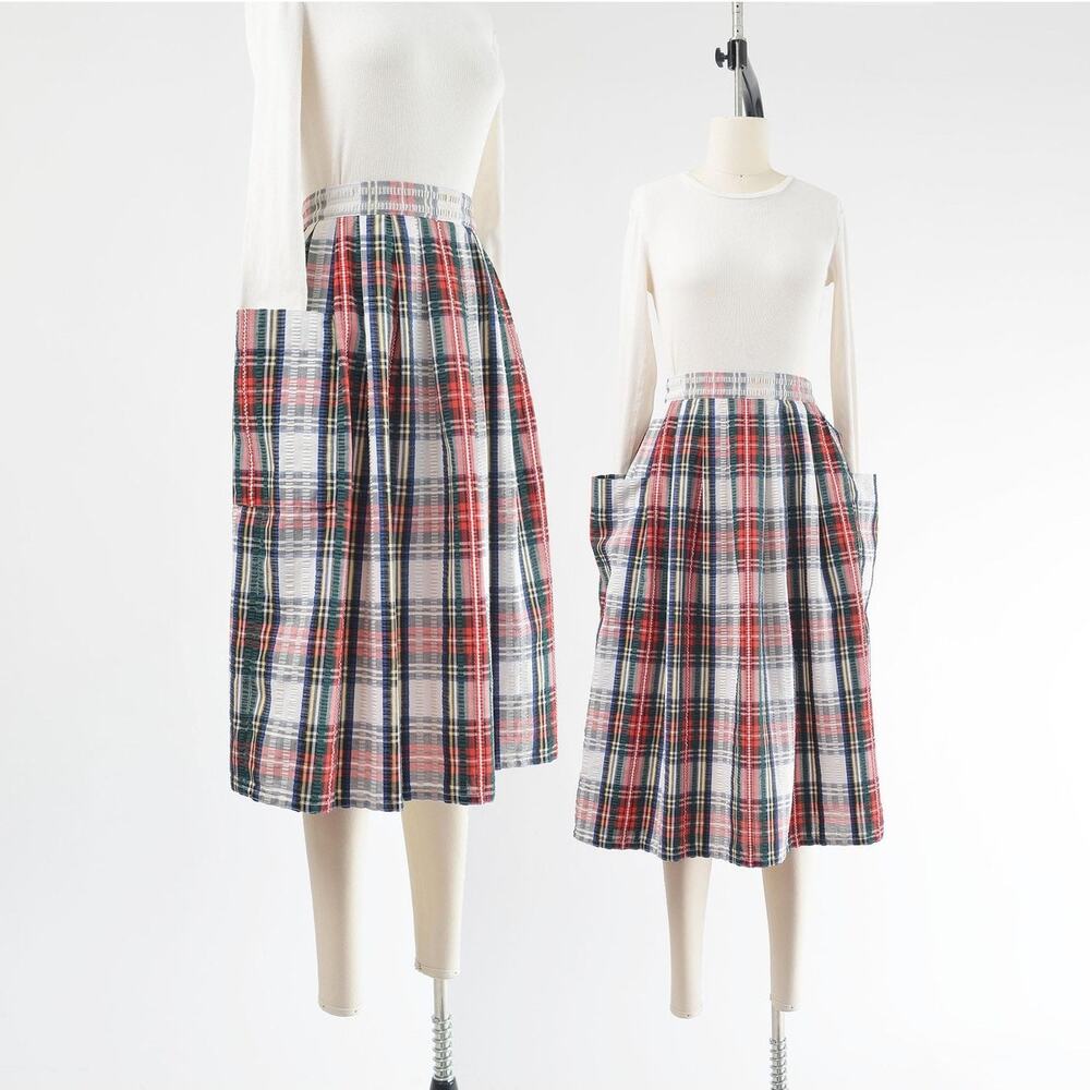 Vintage Tartan Plaid Seersucker Full Pleated Midi Skirt with Pockets size XS